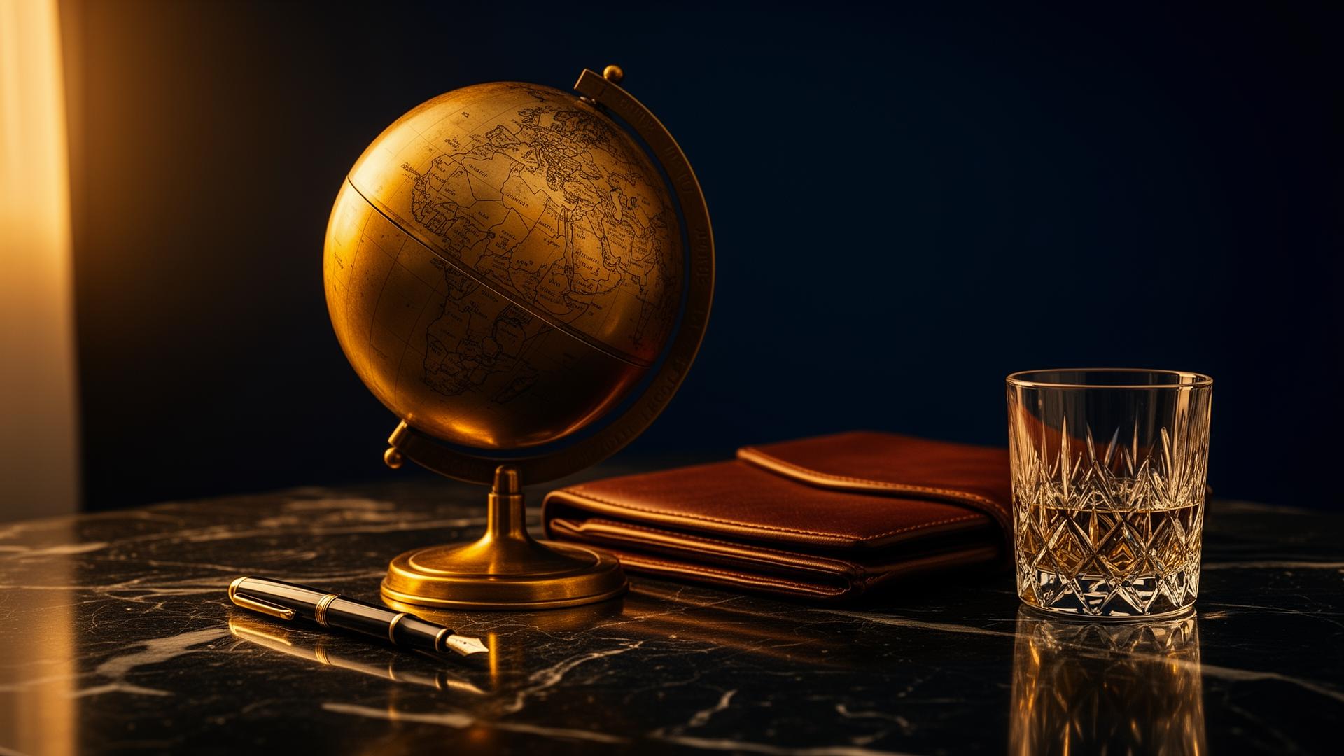 Vintage brass globe on dark marble